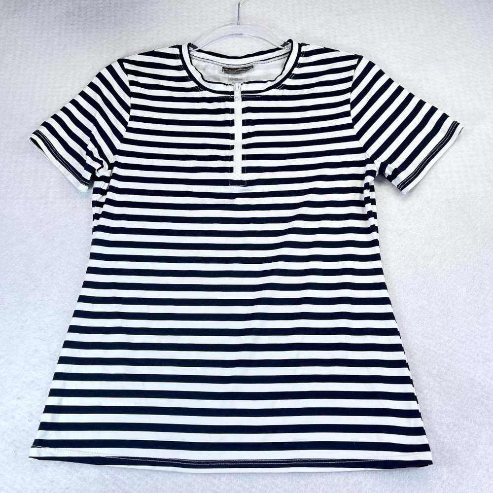 TOMMY BAHAMA Islandzone Womens M Black White Stretch Zip Front Top Short Sleeve